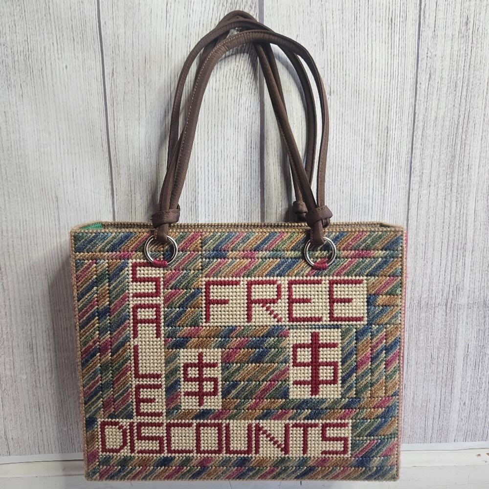 Vintage Handmade Kitschy Woven Yarn Crochet Plastic Tote, 13x10.5x3